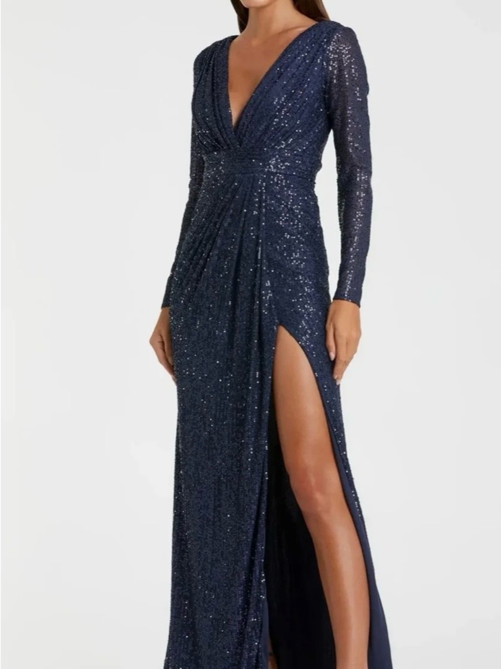 Mac Duggal Navy Sequin Plunging V Long-Sleeve Evening Gown with High Slit